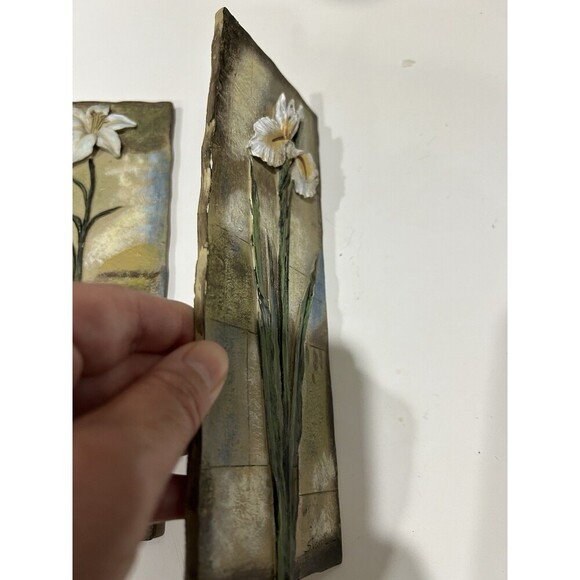Vintage Set Of 3 Signed by S. Vassileva Relief Ceramic Flower Wall Art - 9" x 4” - Picture 5 of 9